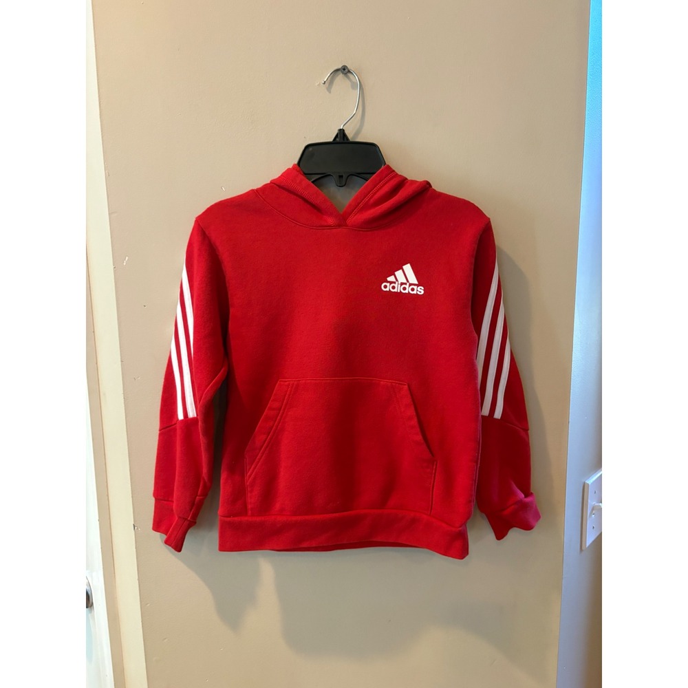 Boys athletic Adidas Kids Red 3-Stripe Pullover Fleece Hoodie Size 6